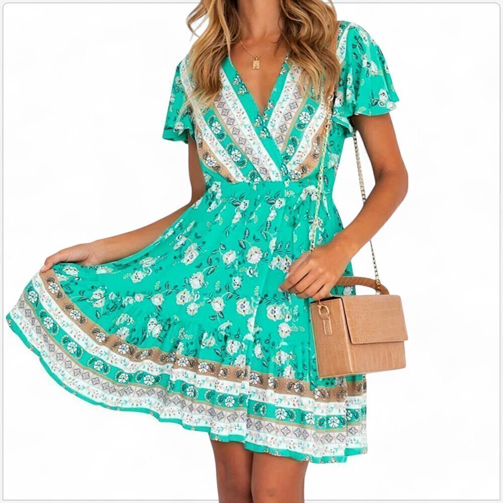 Zesica Aqua Floral Summer Wrap Style V Neck Boho Chic Ruffle Hem Dress NWT NEW S